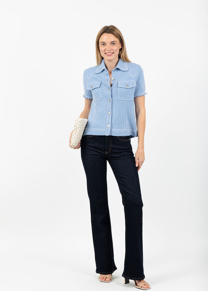 Central Park West Sienna Western Short Sleeve Sweater in Blue available at Barbara Katz