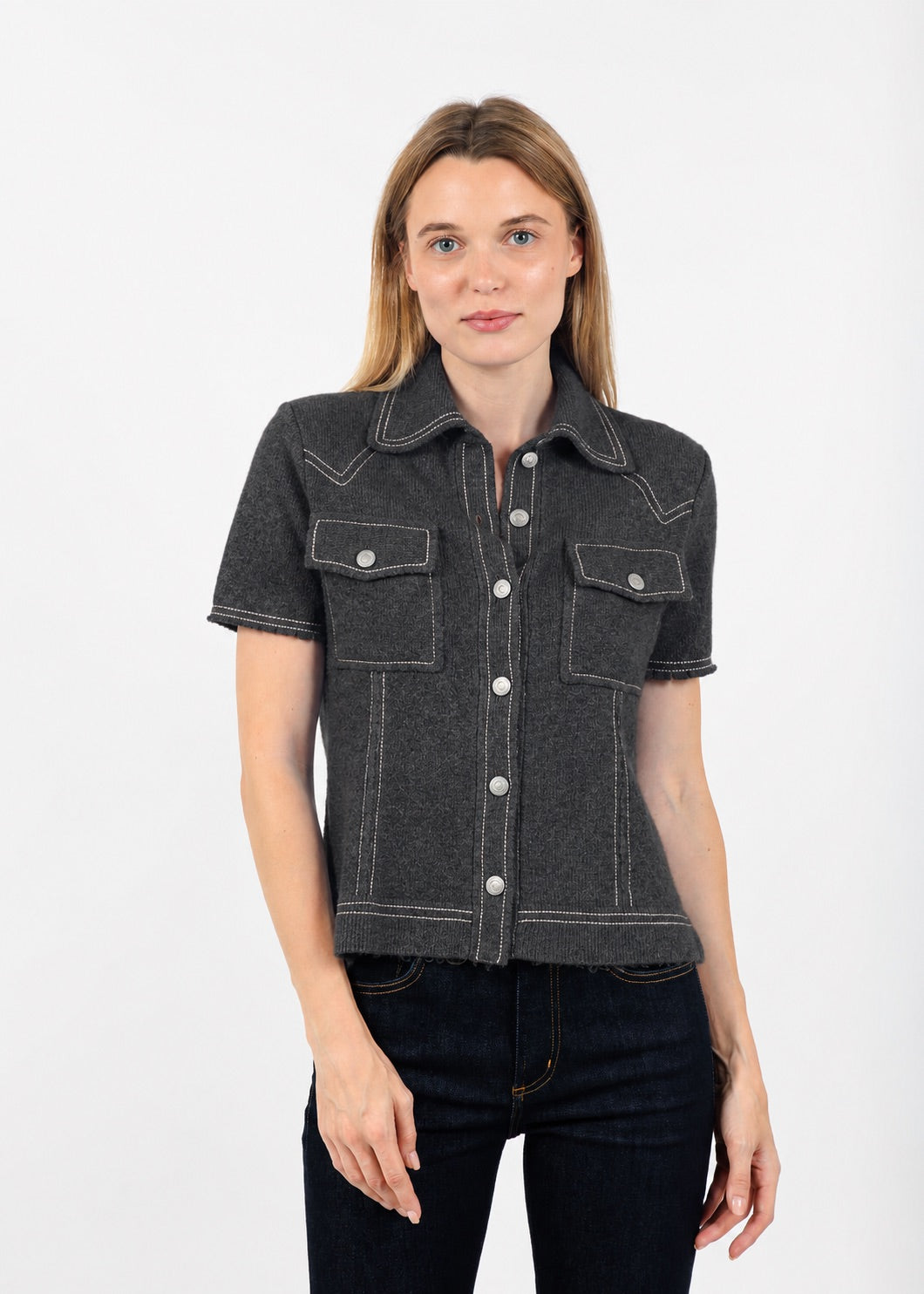 Central Park West Sienna Western Short Sleeve Sweater in Charcoal available at Barbara Katz