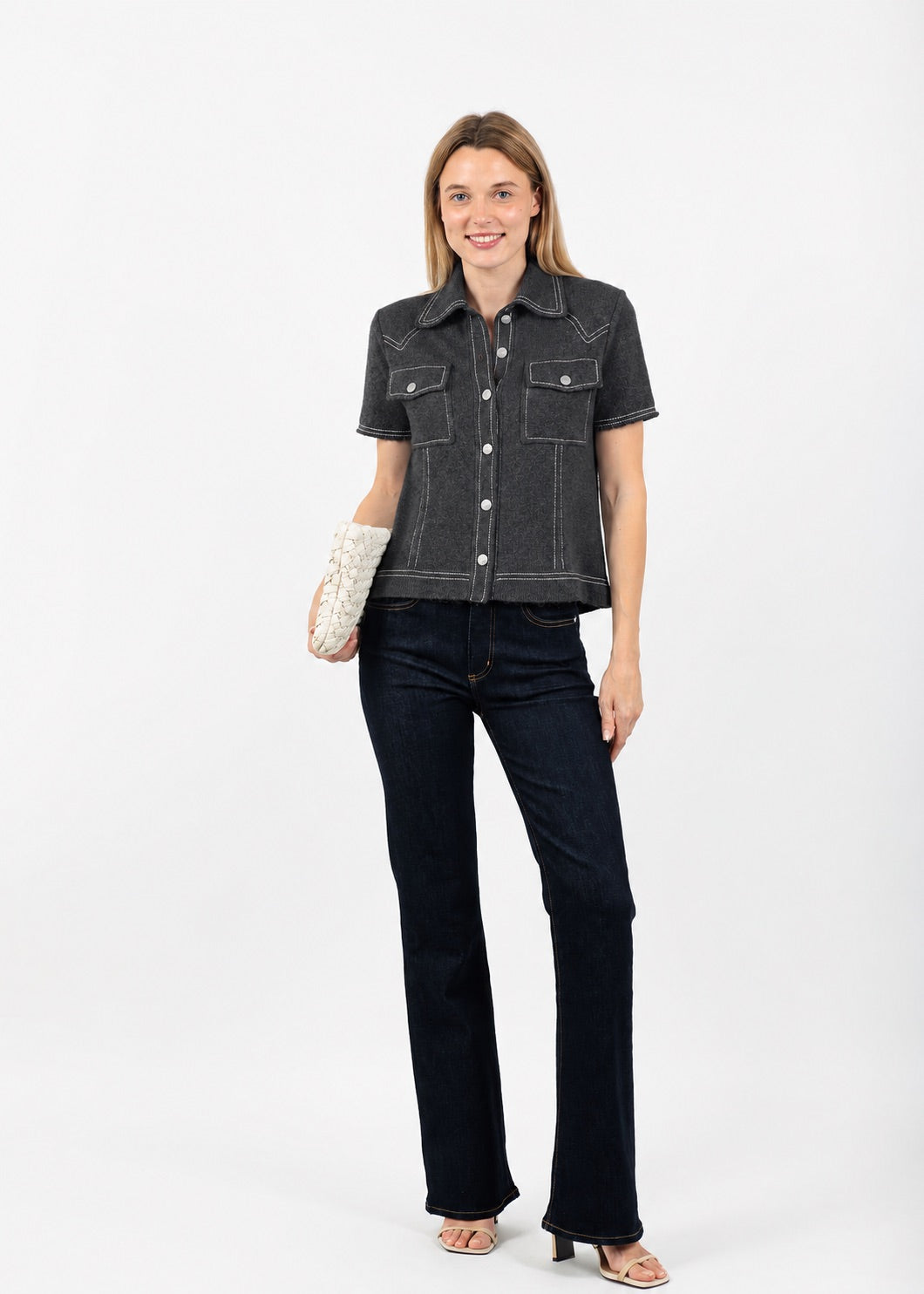 Central Park West Sienna Western Short Sleeve Sweater in Charcoal available at Barbara Katz