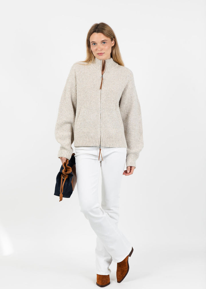 Central Park West Vesper Oversized Chunky Double Zip Sweater in Oat available at Barbara Katz