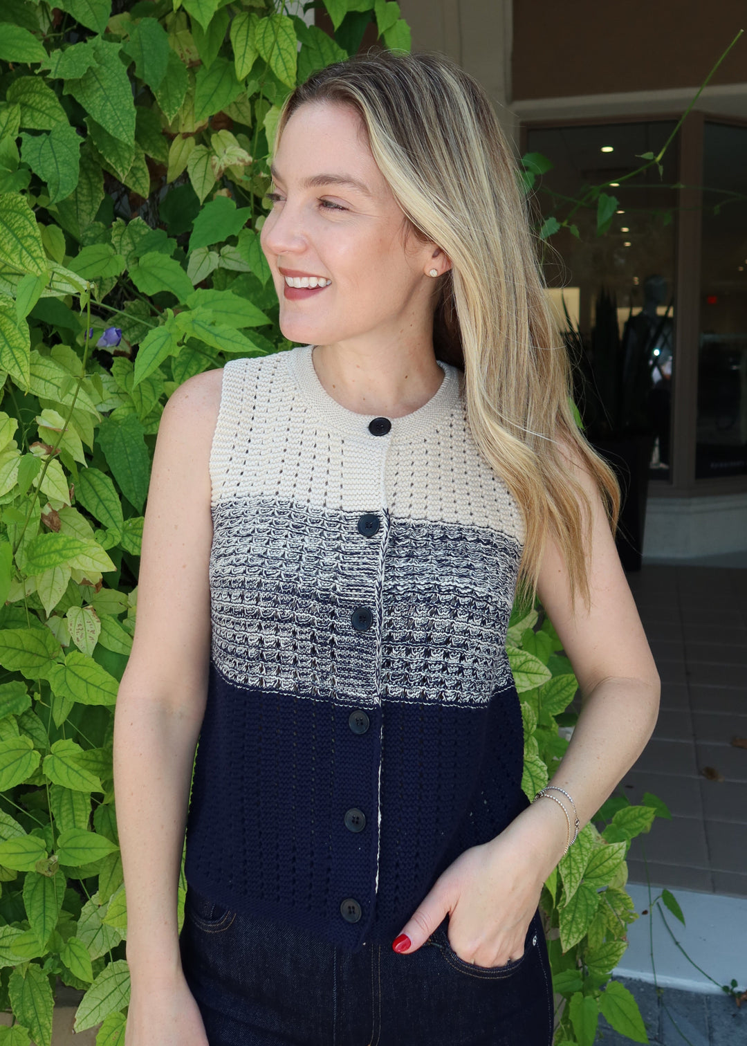 Central Park West Jacy Gradient Crochet Vest in Flax/Navy available at Barbara Katz