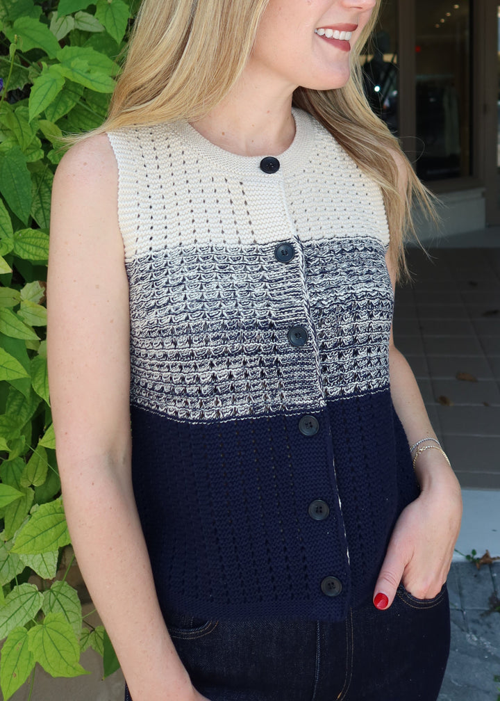 Central Park West Jacy Gradient Crochet Vest in Flax/Navy available at Barbara Katz