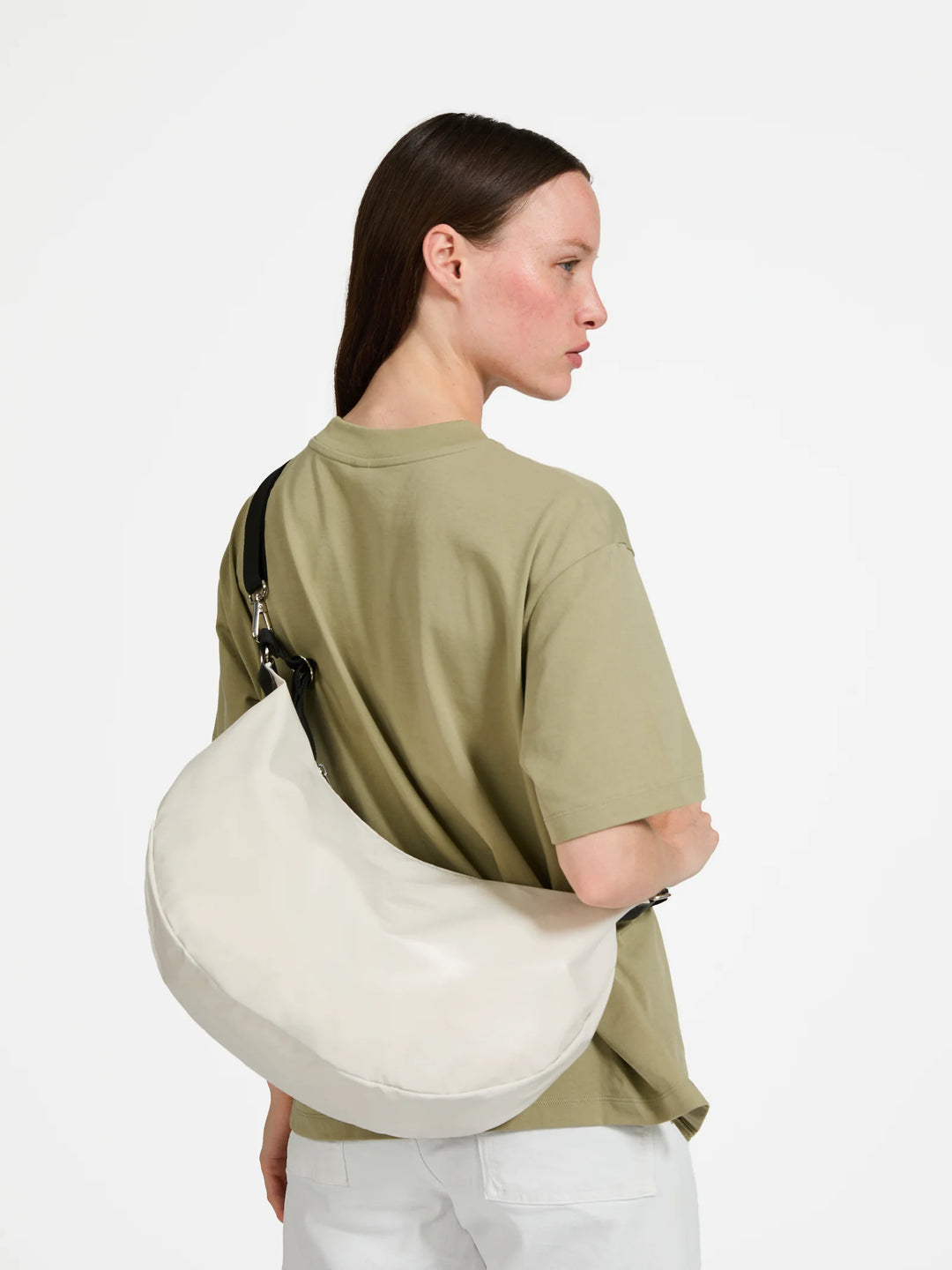 Jack Gomme Charlie Half Moon Crossbody Bag in Matte Ecru available at Barbara Katz