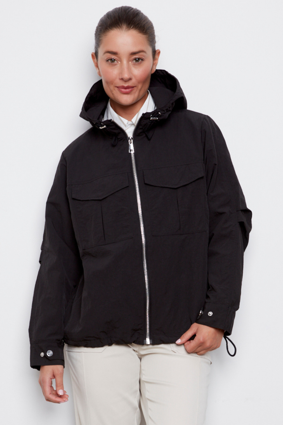 Adroit Atelier Charlie Hooded Zip Front Windbreaker in Black available at Barbara Katz