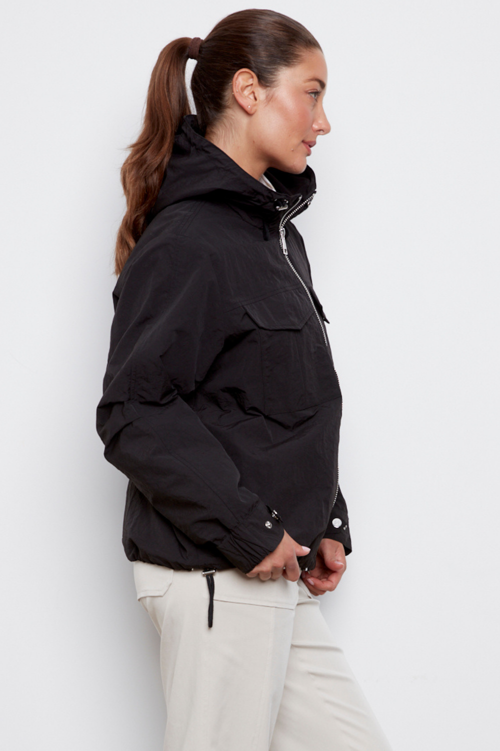 Adroit Atelier Charlie Hooded Zip Front Windbreaker in Black available at Barbara Katz
