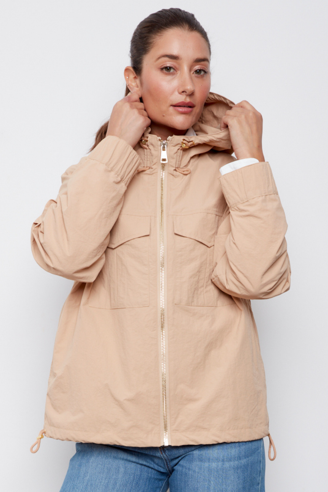 Adroit Atelier Charlie Hooded Zip Front Windbreaker in Honey available at Barbara Katz