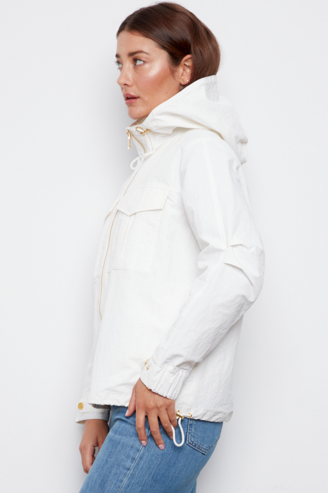 Adroit Atelier Charlie Hooded Zip Front Windbreaker in White available at Barbara Katz