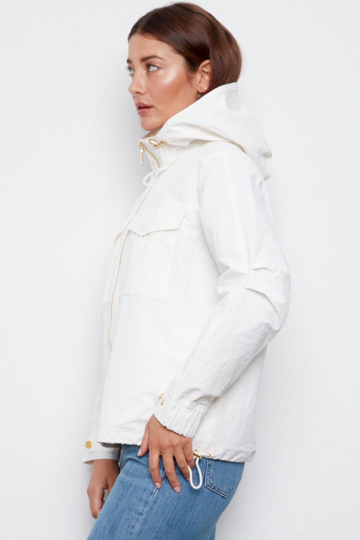 Adroit Atelier Charlie Hooded Zip Front Windbreaker in White available at Barbara Katz