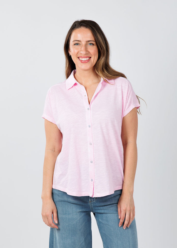 Elliott Lauren Charlotte Button Front Tee With Collar in Petal available at Barbara Katz