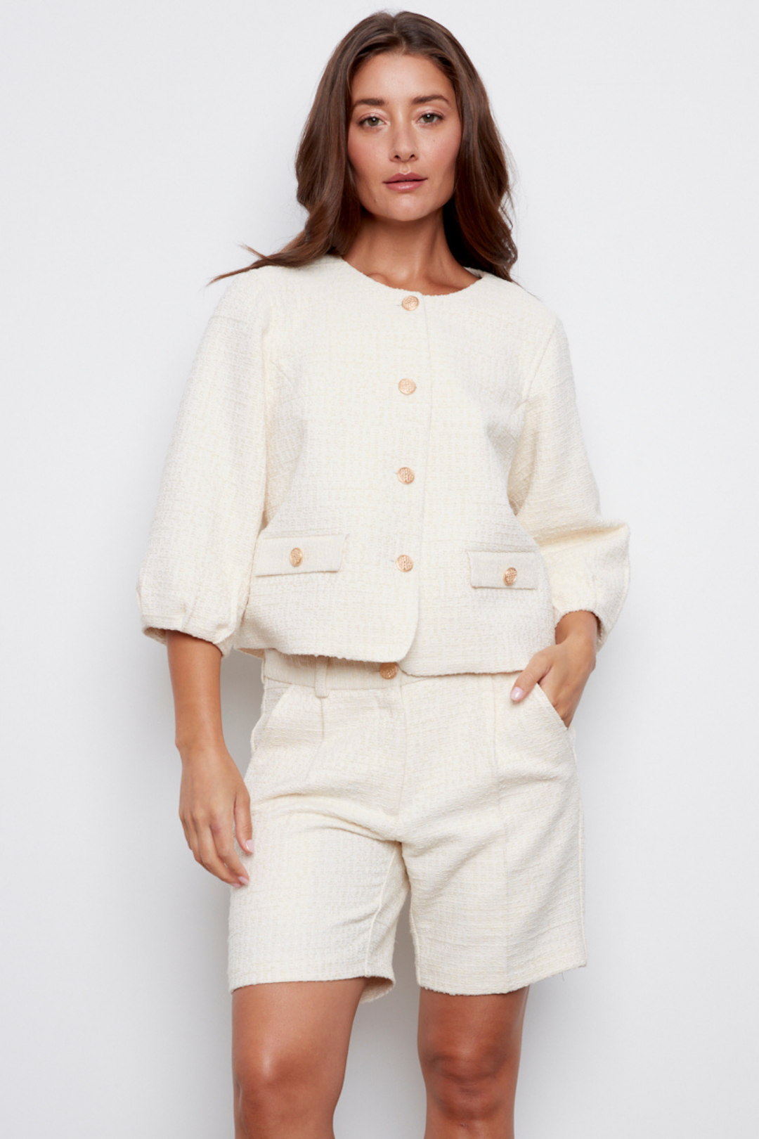 Calvin Textured Woven Shorts With Front Pleats - Cream