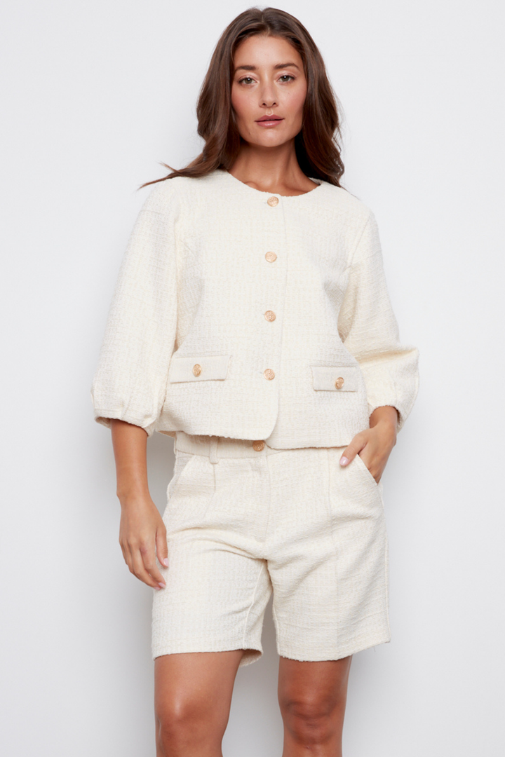 Calvin Textured Woven Shorts With Front Pleats - Cream