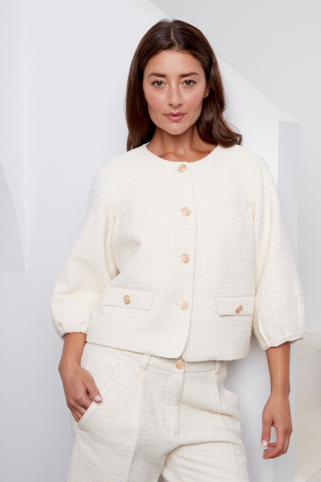Charlotte Textured Woven Button-Front Jacket - Cream