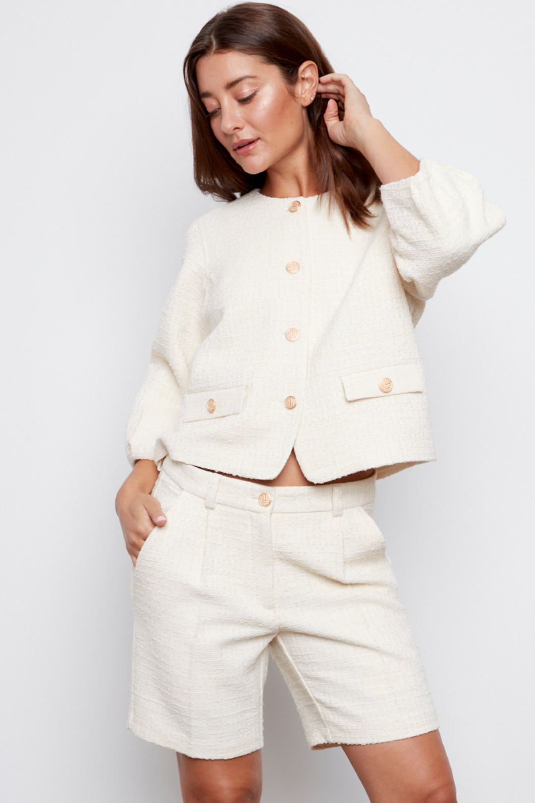 Charlotte Textured Woven Button-Front Jacket - Cream