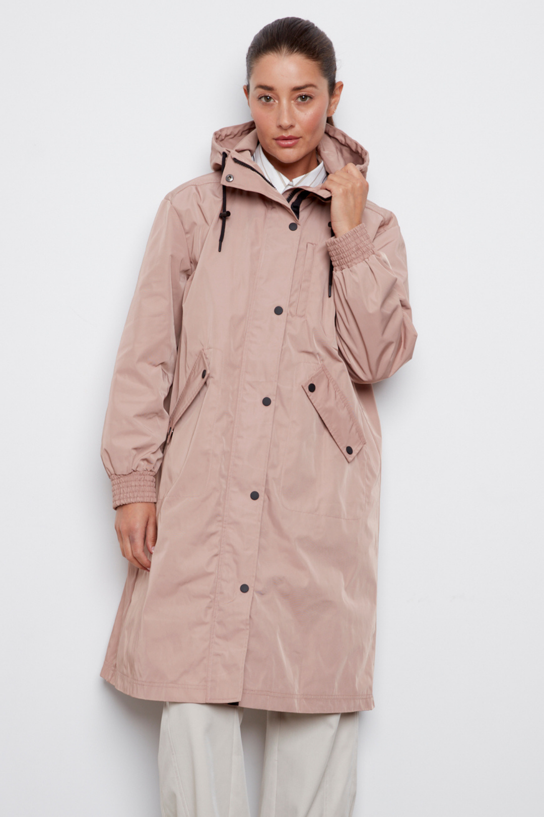 Adroit Atelier Chelsea The City Hooded Raincoat in Dusty Pink available at Barbara Katz
