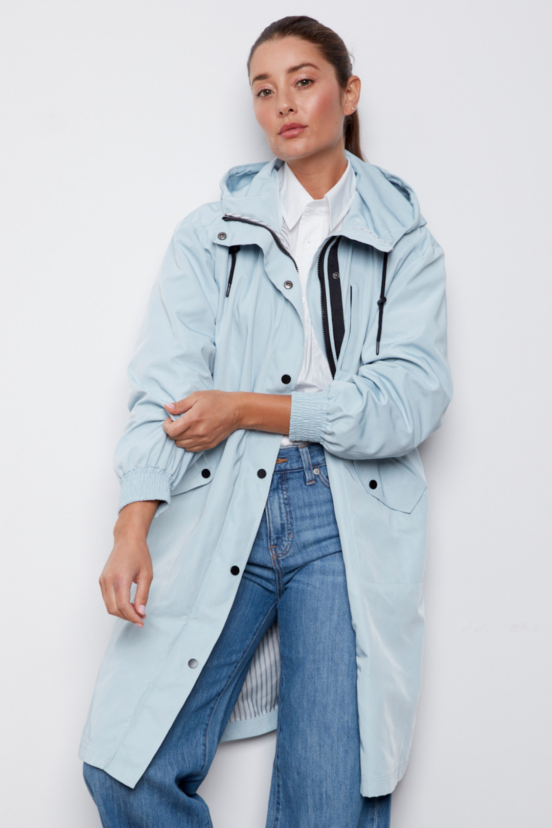 Adroit Atelier Chelsea The City Hooded Raincoat in Surf Spray available at Barbara Katz