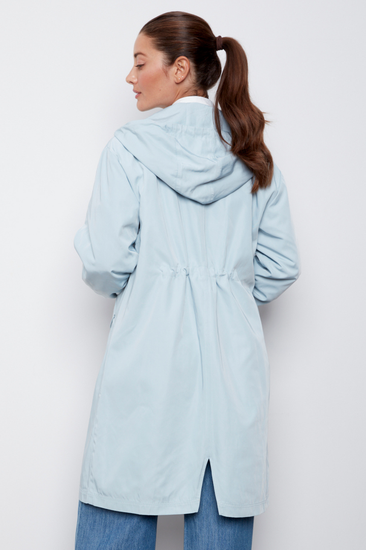 Adroit Atelier Chelsea The City Hooded Raincoat in Surf Spray available at Barbara Katz