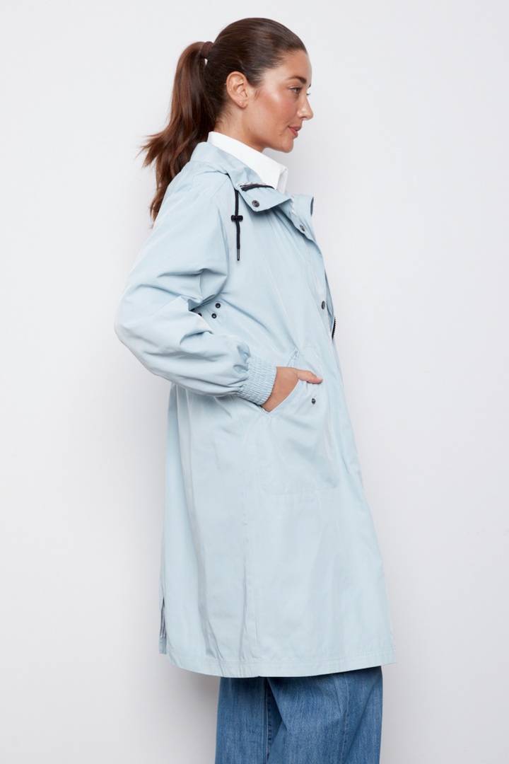 Adroit Atelier Chelsea The City Hooded Raincoat in Surf Spray available at Barbara Katz