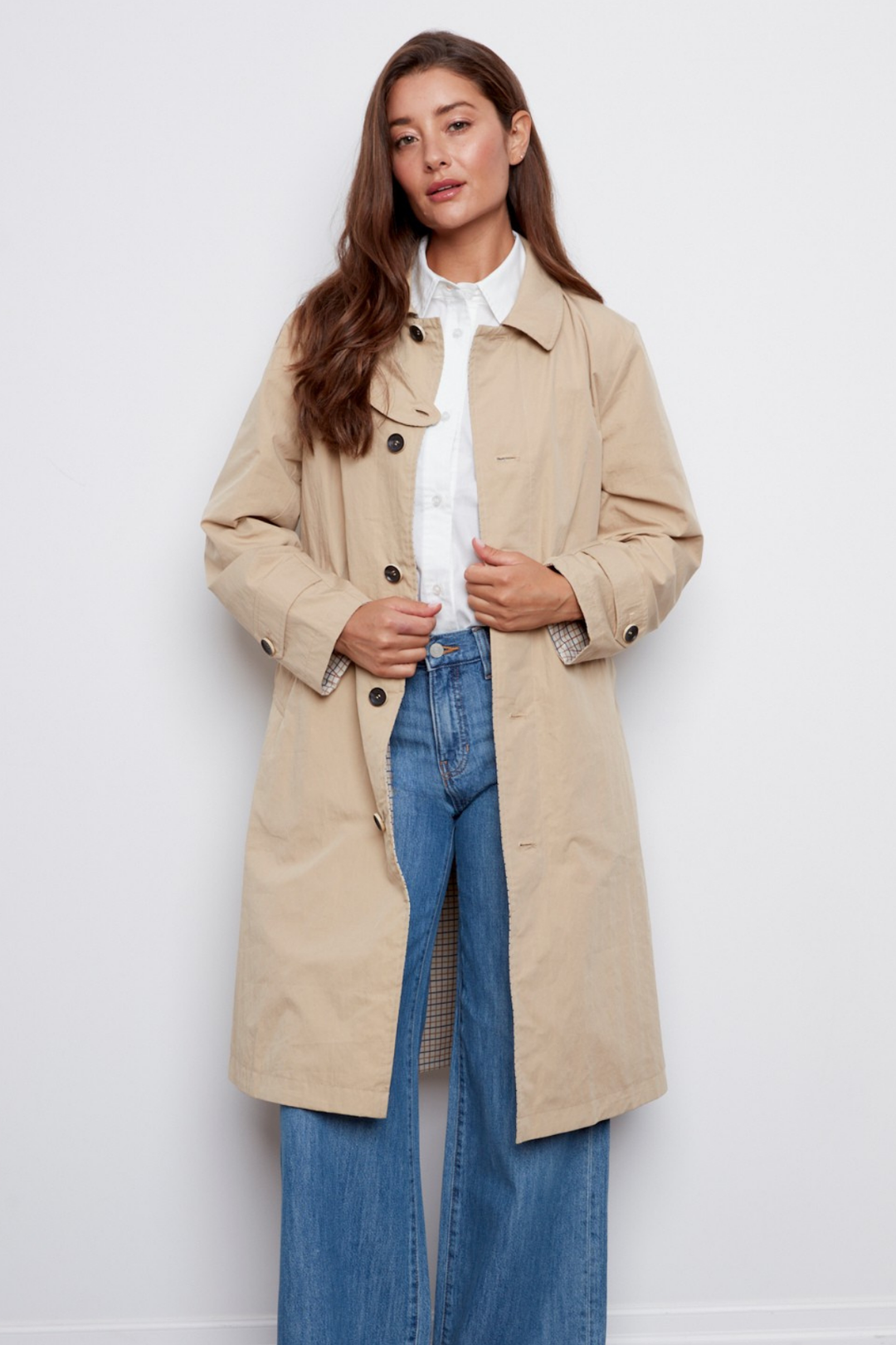 Adroit Atelier Chloe Reversible Loose Fitting Trench Coat in Safari available at Barbara Katz