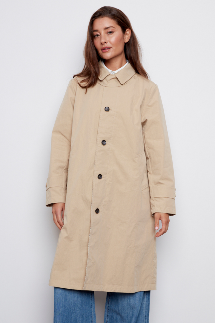 Adroit Atelier Chloe Reversible Loose Fitting Trench Coat in Safari available at Barbara Katz