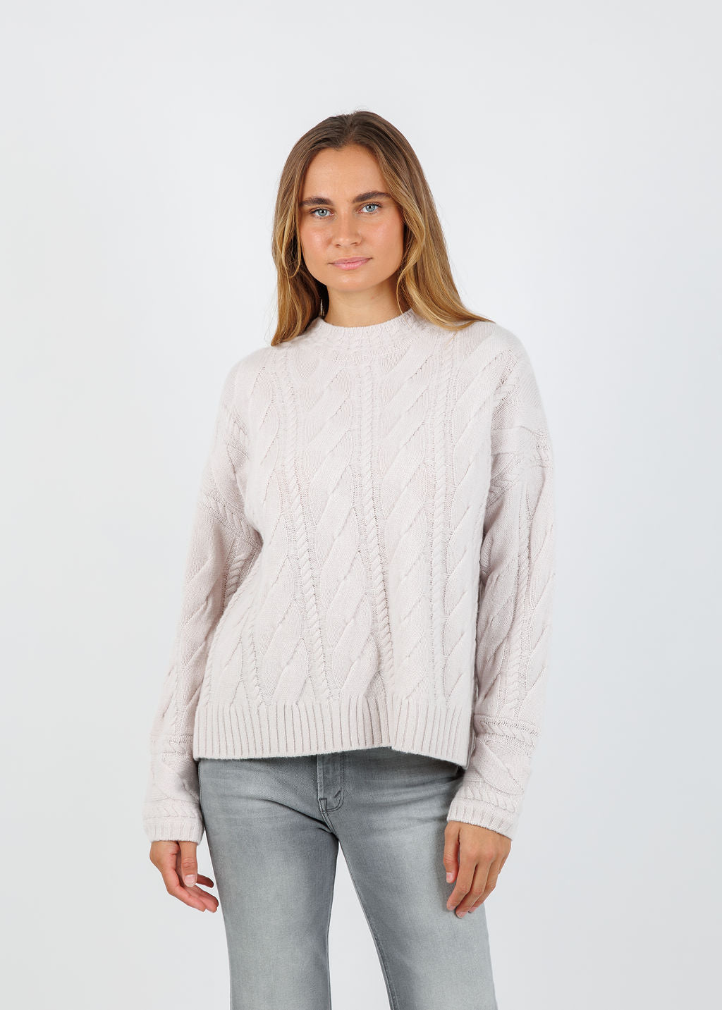 BK Christy Cashmere Cable Mock Neck Sweater in Champagne available at Barbara Katz
