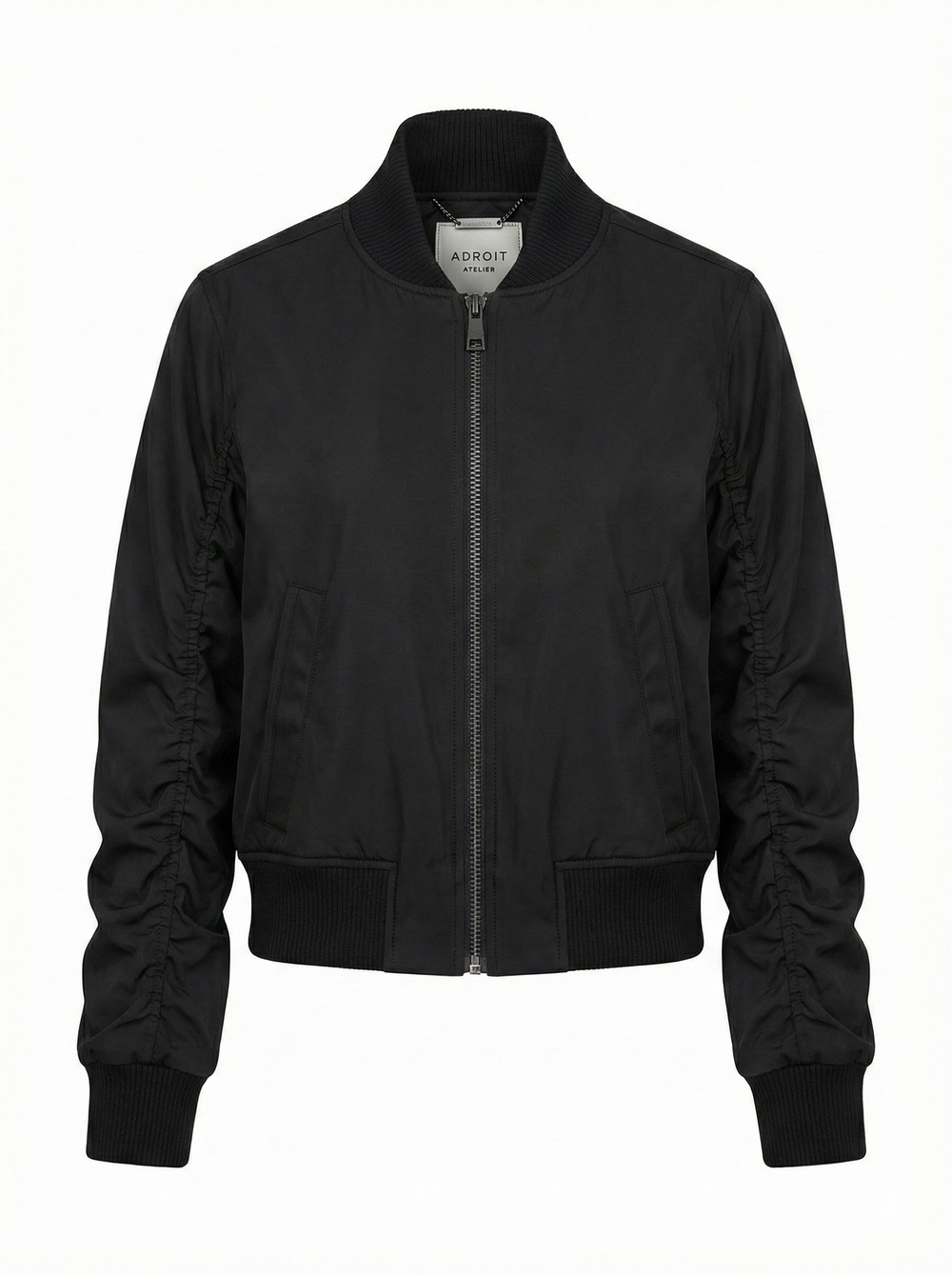 Adroit Atelier Cierra Bomber Jacket With Shirring Detail in Black available at Barbara Katz