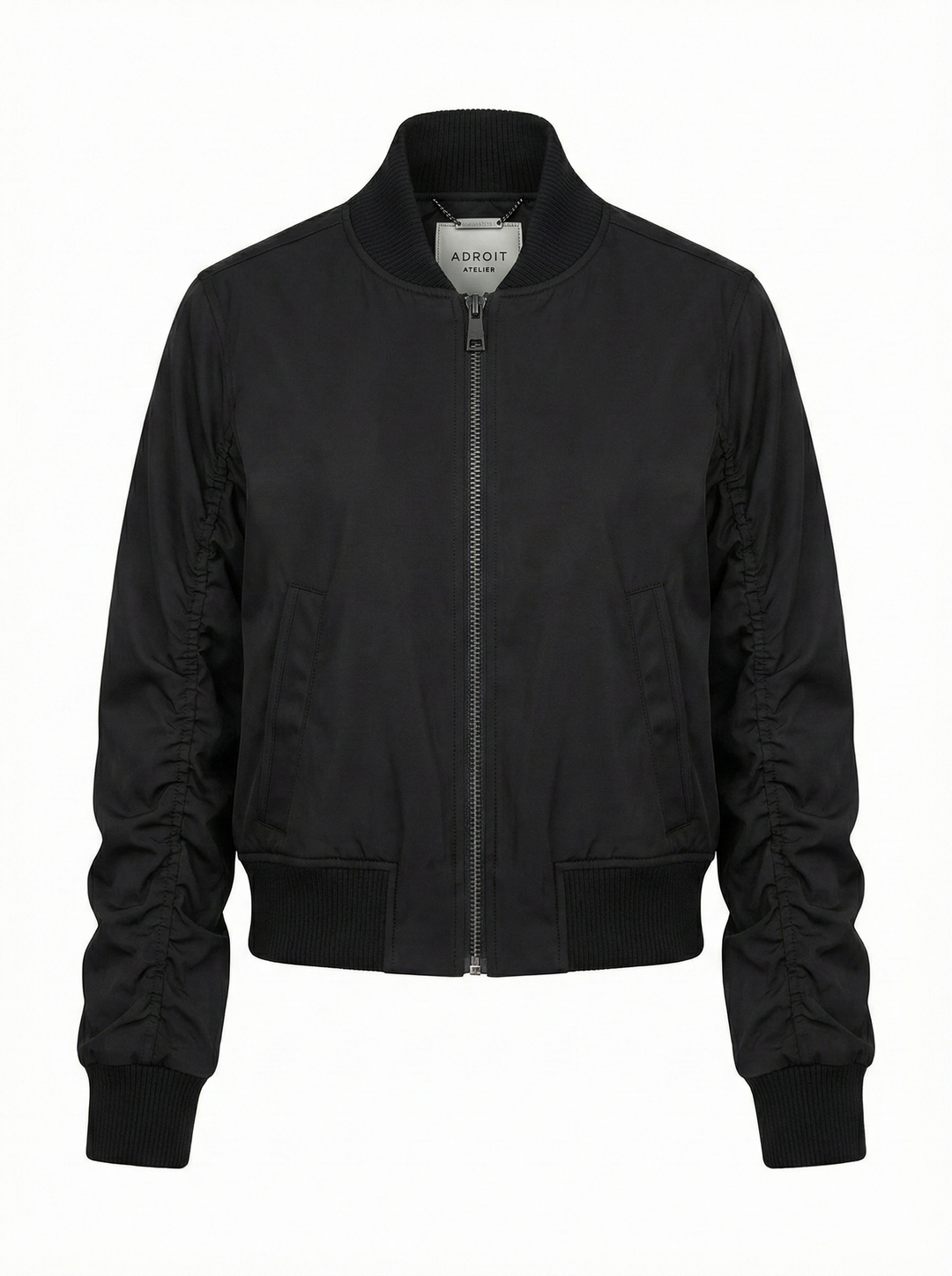 Adroit Atelier Cierra Bomber Jacket With Shirring Detail in Black available at Barbara Katz