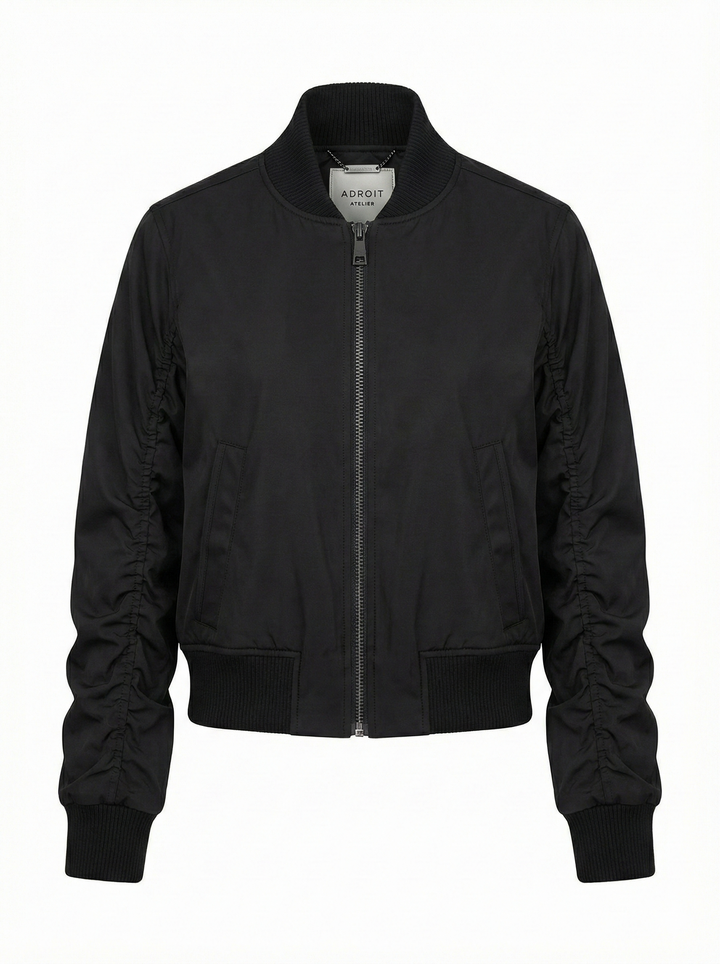 Adroit Atelier Cierra Bomber Jacket With Shirring Detail in Black available at Barbara Katz
