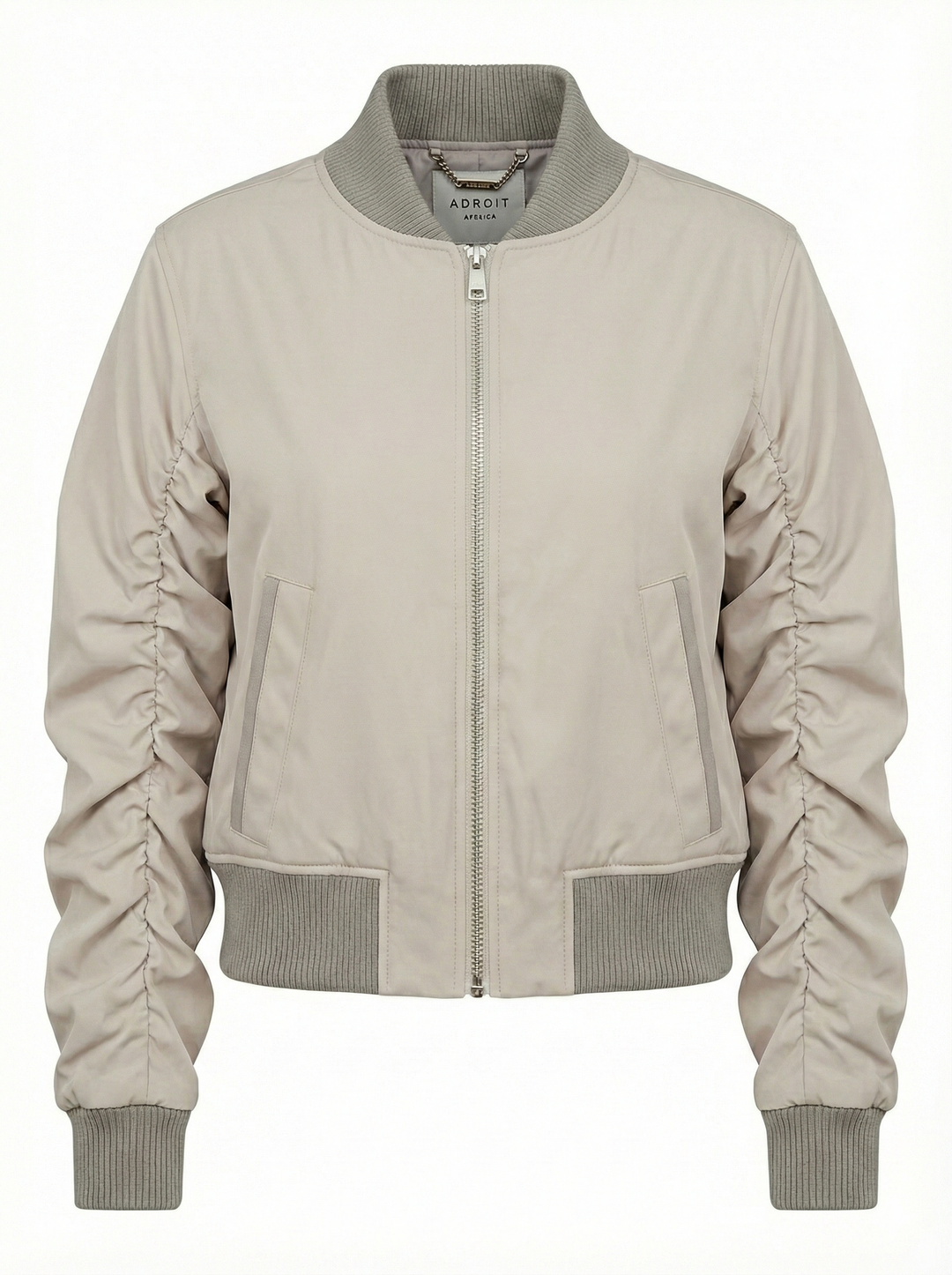 Adroit Atelier Cierra Bomber Jacket With Shirring Detail in Elephant available at Barbara Katz