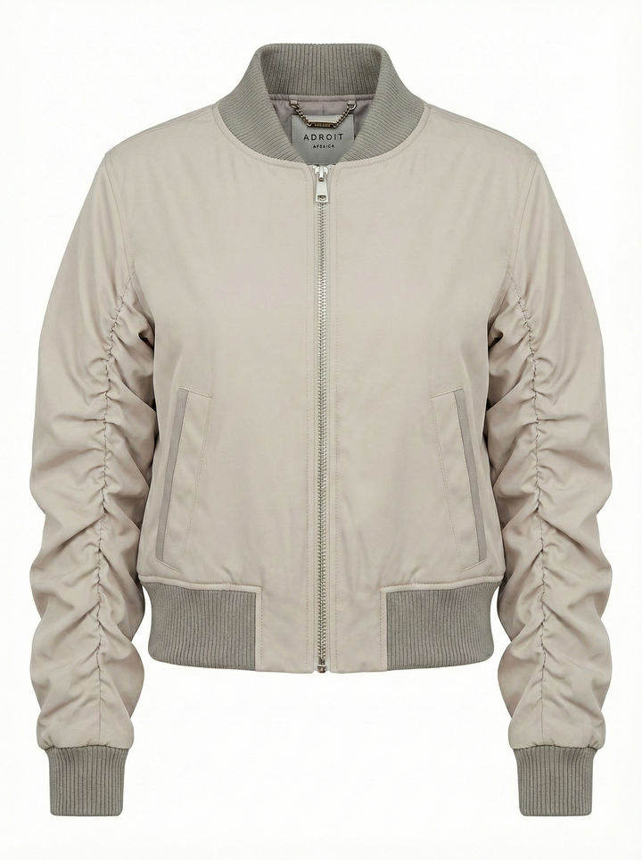 Adroit Atelier Cierra Bomber Jacket With Shirring Detail in Elephant available at Barbara Katz