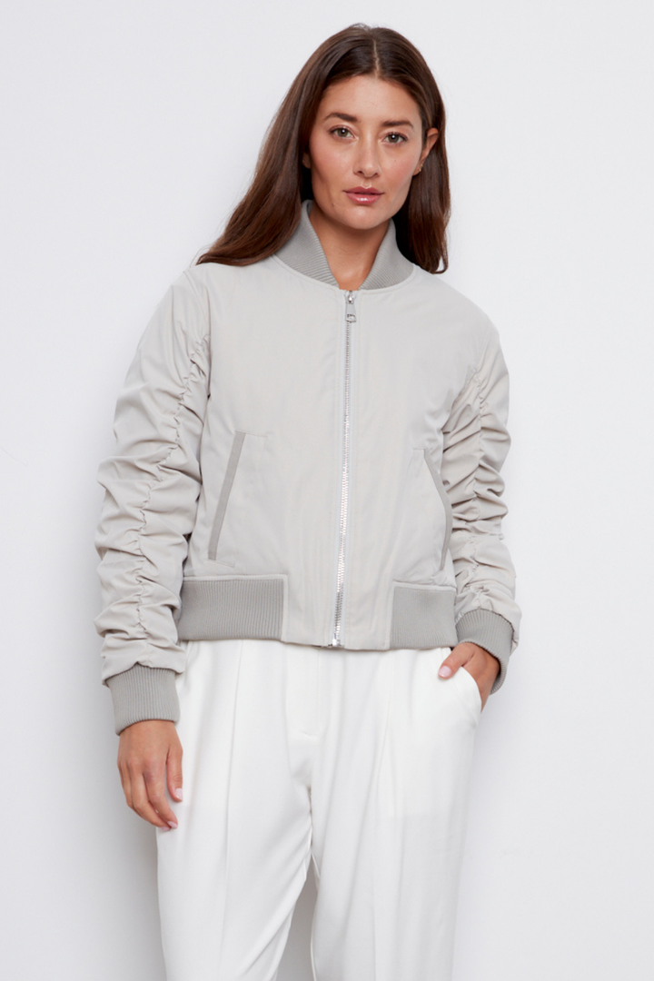 Adroit Atelier Cierra Bomber Jacket With Shirring Detail in Elephant available at Barbara Katz