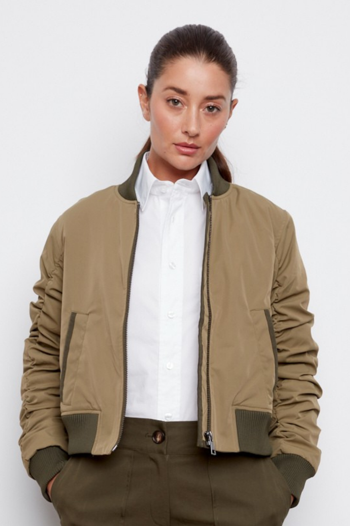 Adroit Atelier Cierra Bomber Jacket With Shirring Detail in Pistachio available at Barbara Katz