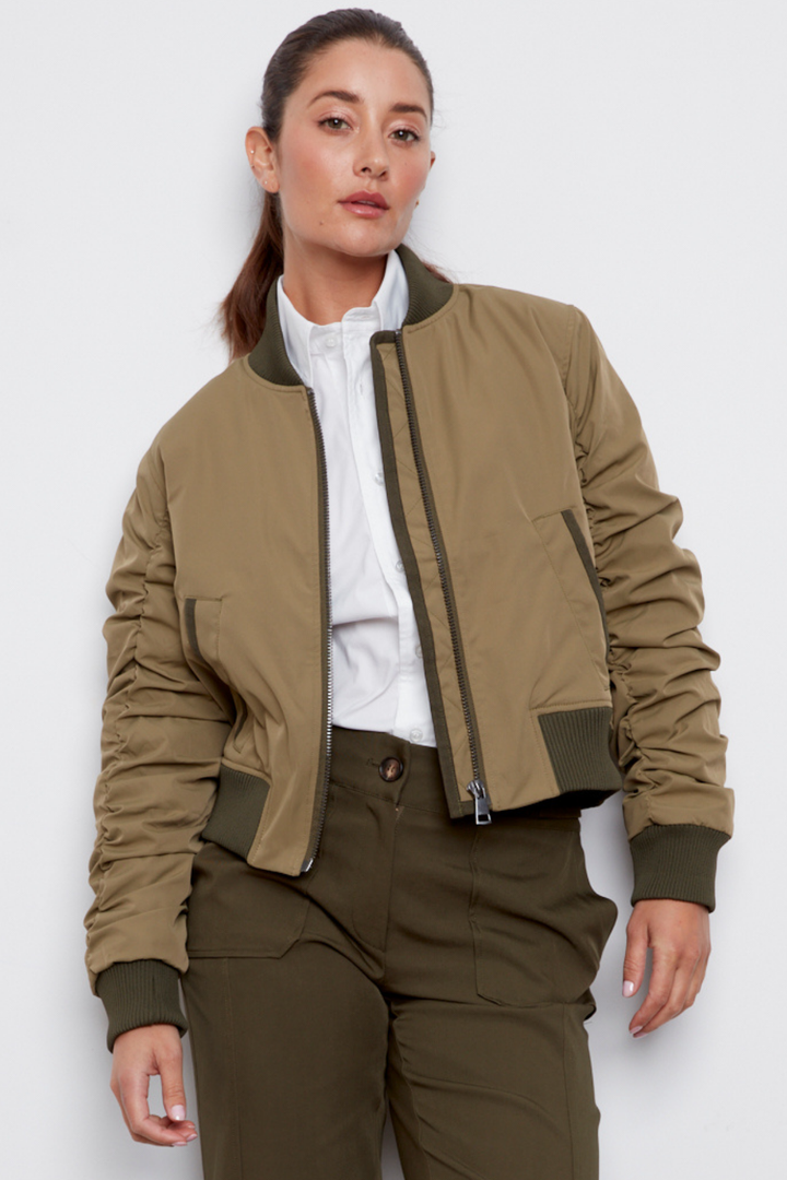 Adroit Atelier Cierra Bomber Jacket With Shirring Detail in Pistachio available at Barbara Katz