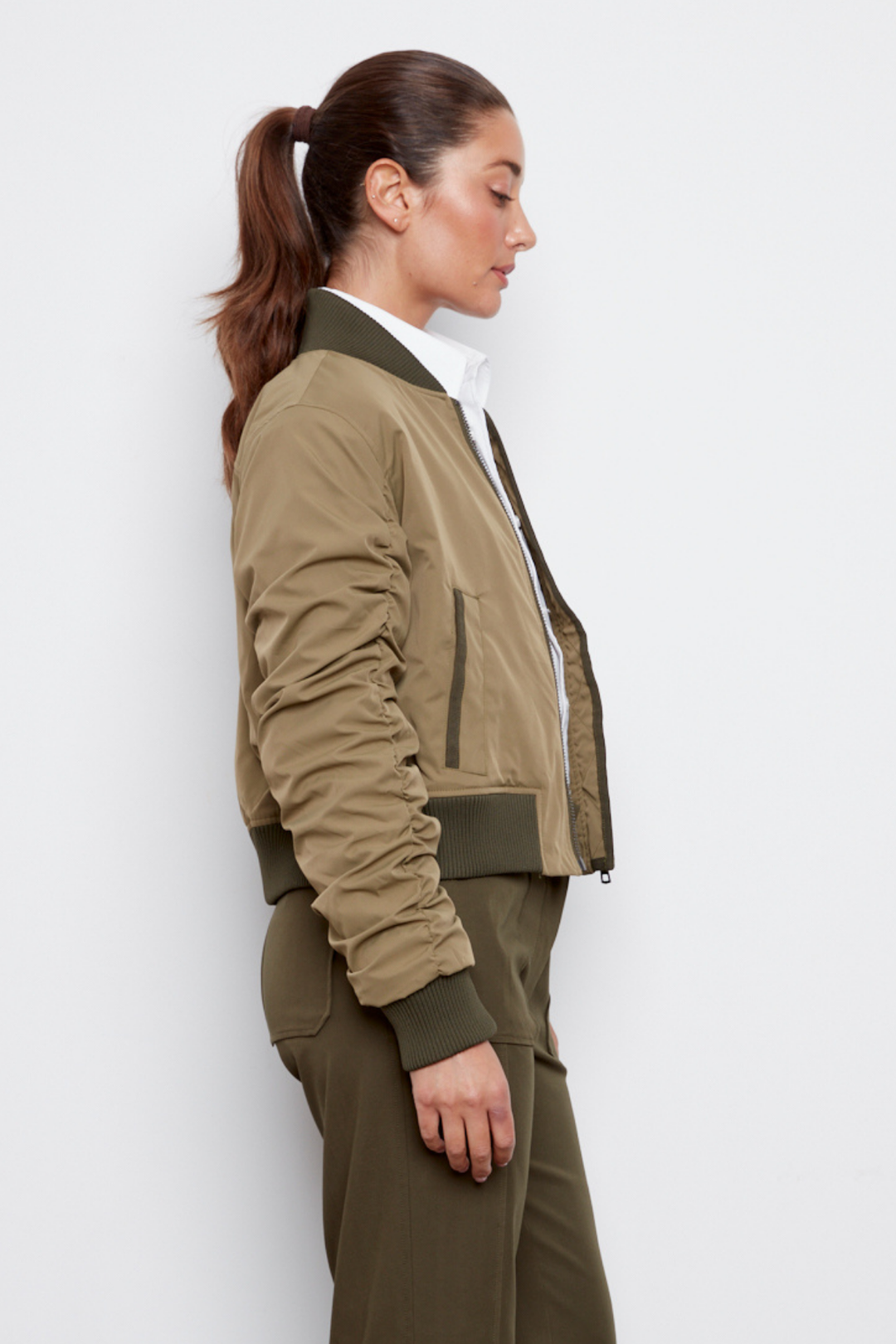 Adroit Atelier Cierra Bomber Jacket With Shirring Detail in Pistachio available at Barbara Katz