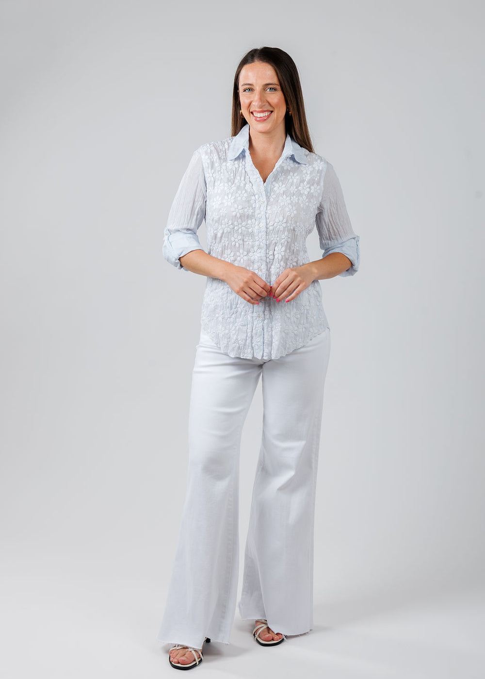 Cino Daisy Embroidered Shirt in Light Chambray paired with Pistola Denim Izzy Wide Leg Crop Jeans in Vivid White available at Barbara Katz