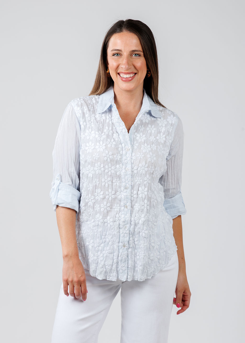 Cino Daisy Embroidered Shirt in Light Chambray available at Barbara Katz