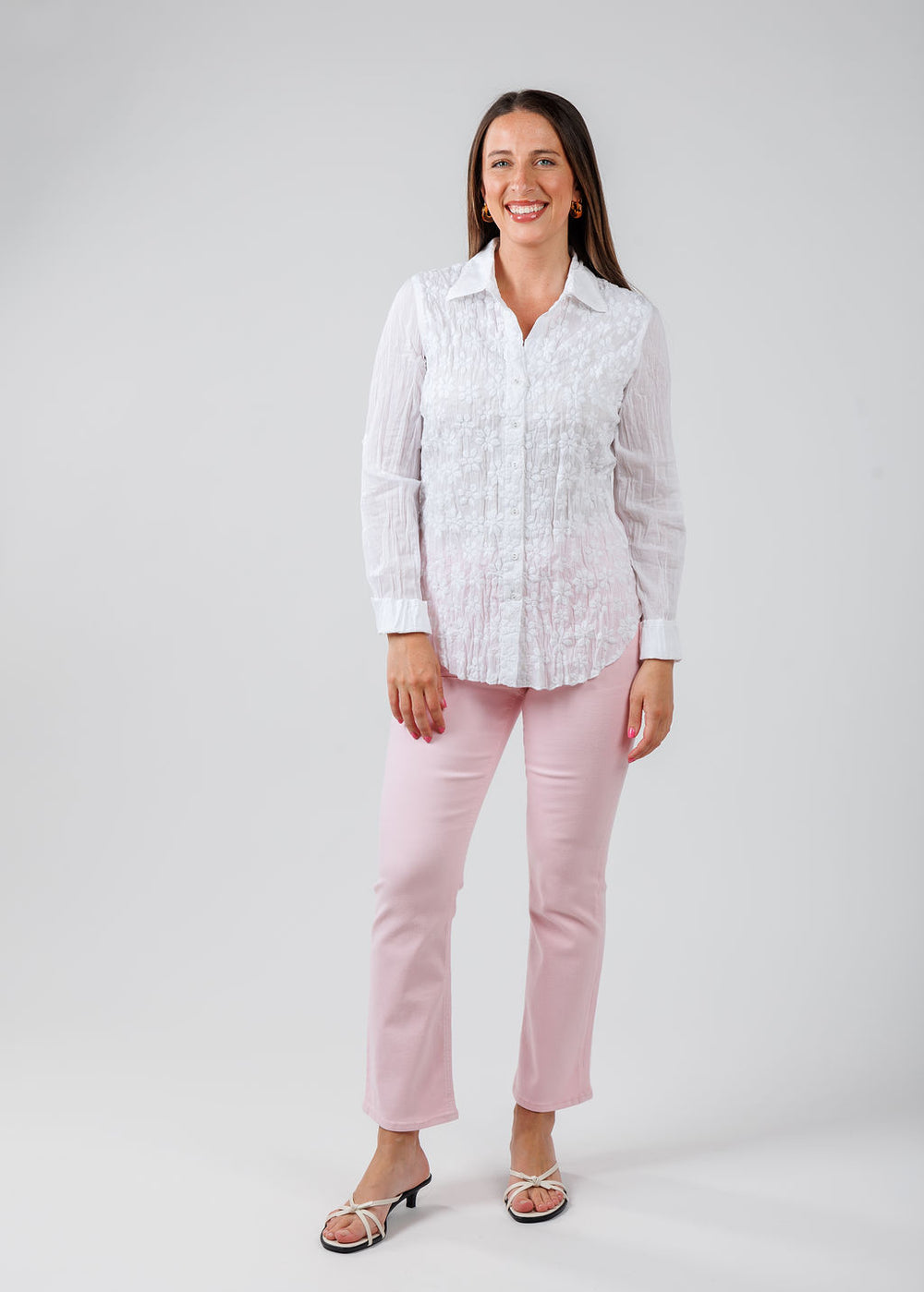 Cino Daisy Embroidered Shirt in White paired with Pistola Denim Lennon High Rise Crop Boot Jeans in Blush available at Barbara Katz