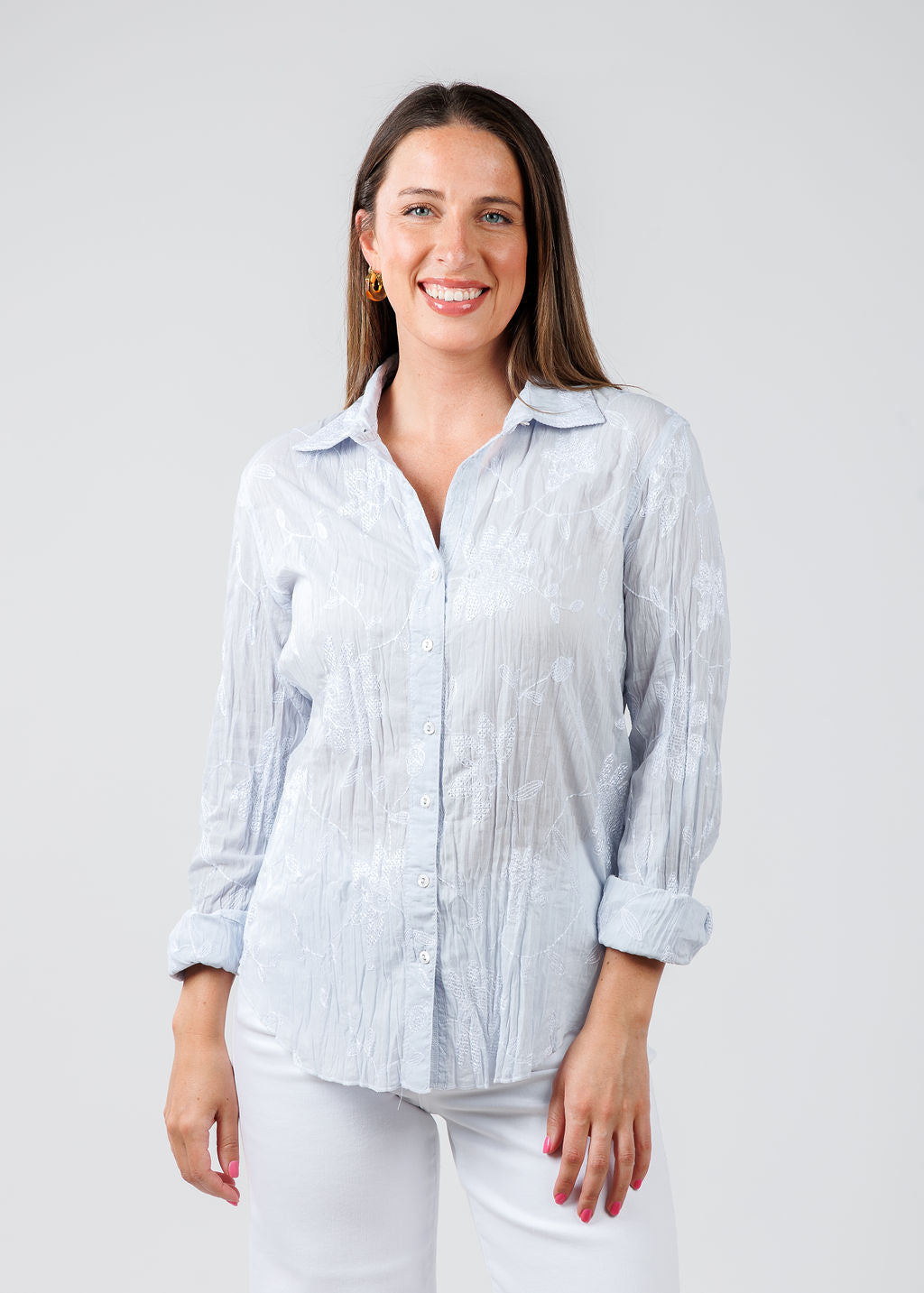 Cino Martinique Embroidered Shirt in Light Chambray available at Barbara Katz
