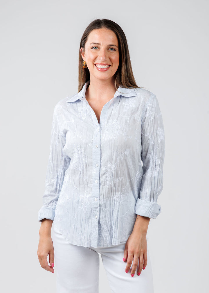 Cino Martinique Embroidered Shirt in Light Chambray available at Barbara Katz