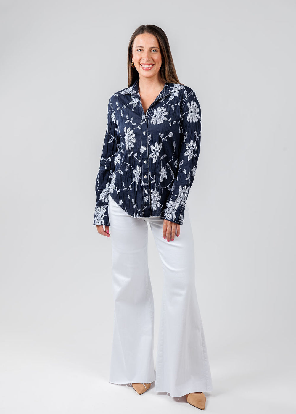 Cino Martinique Embroidered Shirt in Midnight paired with Pistola Denim Izzy Wide Leg Crop Pants in Vivid White available at Barbara Katz