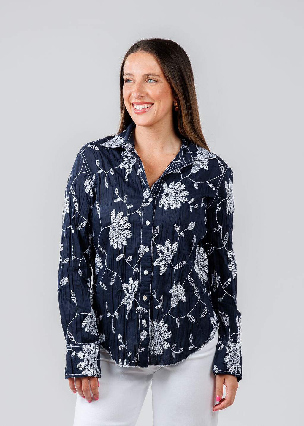 Cino Martinique Embroidered Shirt in Midnight available at Barbara Katz