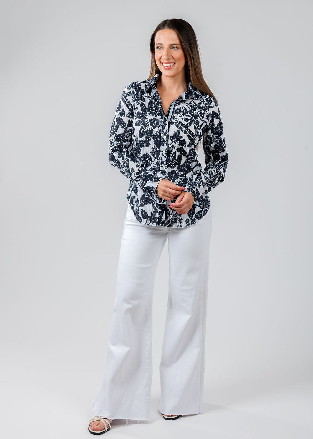 Cino Shibori Tropical Shirt in Indigo paired with Pistola Denim Izzy Wide Leg Crop Jeans in Vivid White available at Barbara Katz