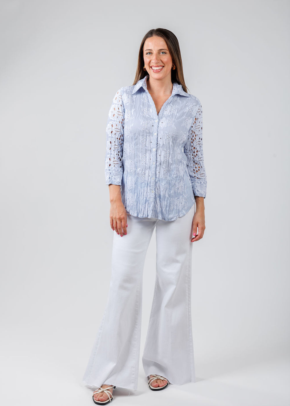 Cino Vintage Maui Embroidered Shirt in Peri Blue paired with Pistola Denim Izzy WIde Leg Crop Jeans in Vivid White available at Barbara Katz