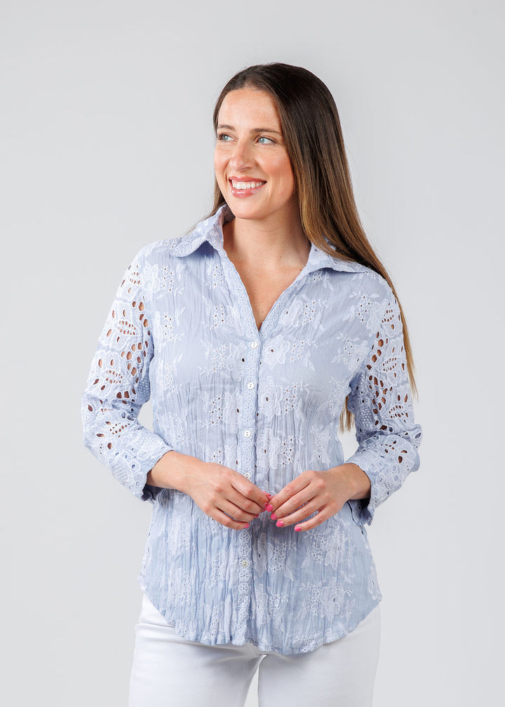 Cino Vintage Maui Embroidered Shirt in Peri Blue available at Barbara Katz