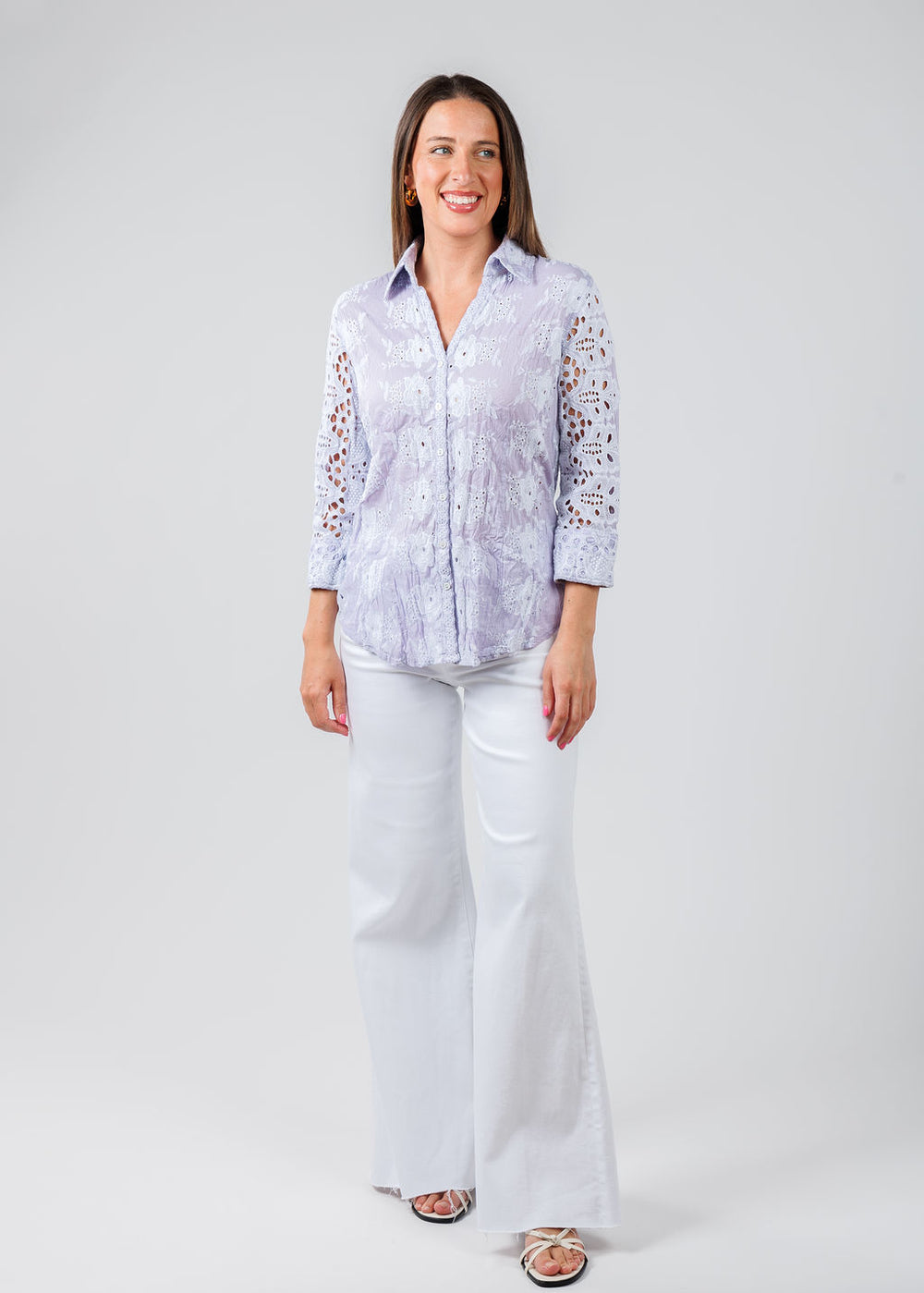 Cino Vintage Maui Embroidered Shirt in Thistle paired with Pistola Denim Izzy WIde Leg Crop Jeans in Vivid White available at Barbara Katz