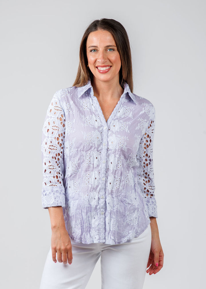 Cino Vintage Maui Embroidered Shirt in Thistle available at Barbara Katz