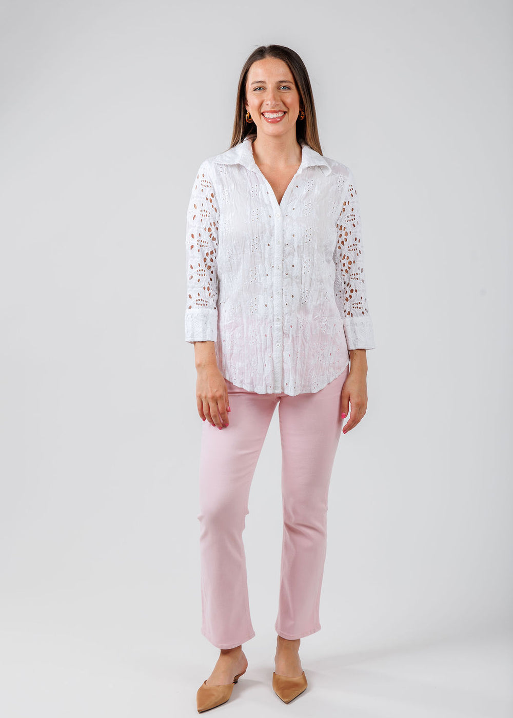 Cino Vintage Maui Embroidered Shirt in White paired with Pisstola Lennon High Rise Crop Boot Jeans in Blush available at Barbara Katz
