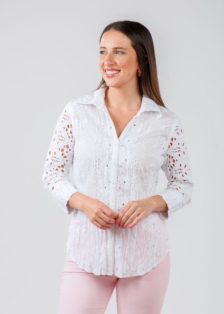 Cino Vintage Maui Embroidered Shirt in Whit available at Barbara Katz