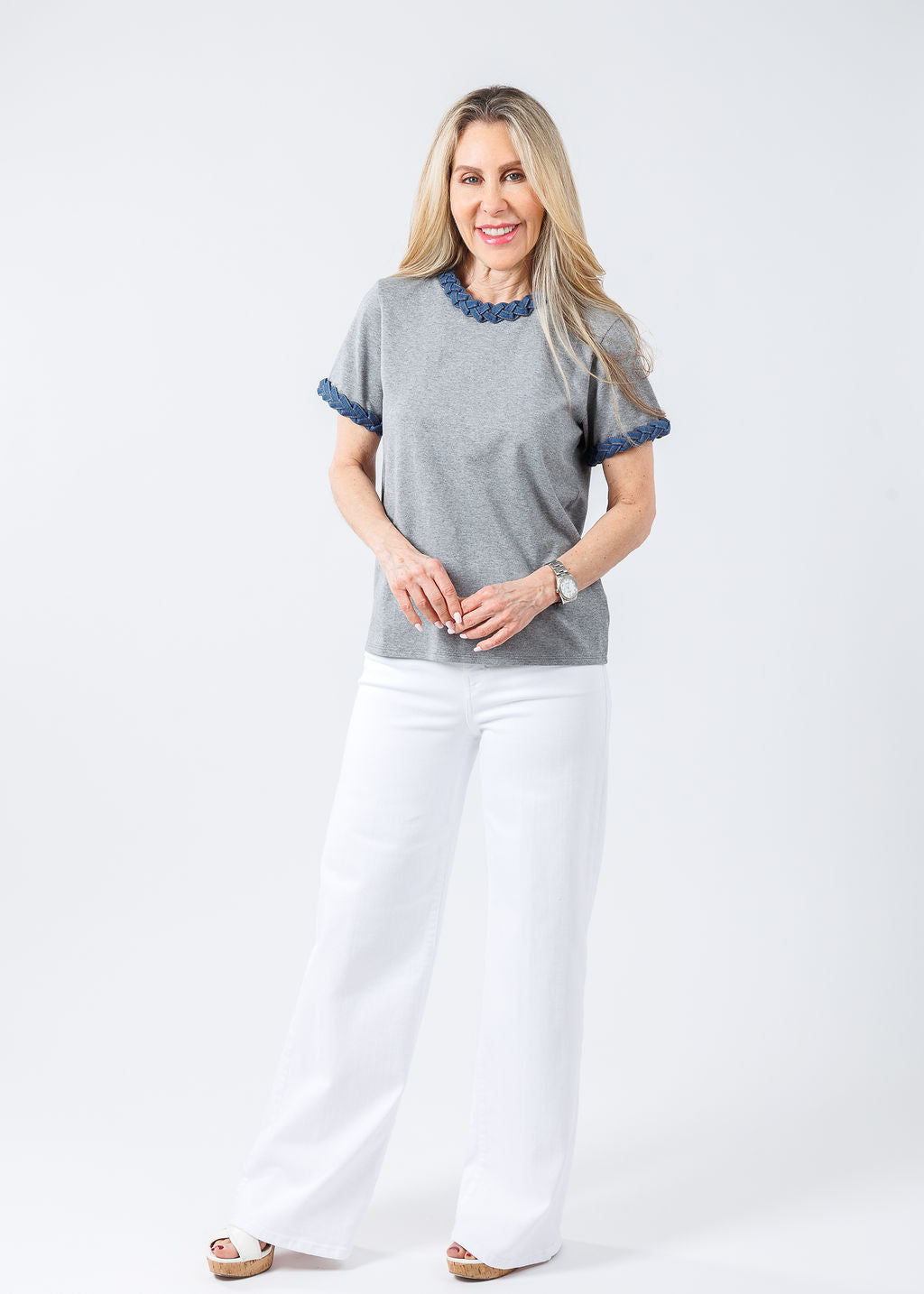 Cinq a Sept Denim Braided Tee in Grey paired with Citizens of Humanity Palma Straight Jeans in Soft White available at Barbara Katz