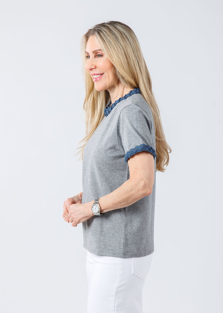 Cinq a Sept Denim Braided Tee in Grey available at Barbara Katz