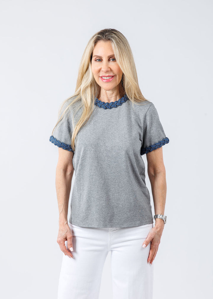 Cinq a Sept Denim Braided Tee in Grey available at Barbara Katz